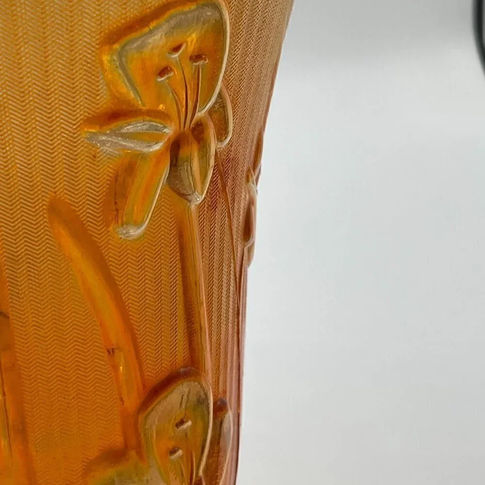 Vintage Jeanette Marigold Carnival Glass Iris Herringbone Footed Vase 9